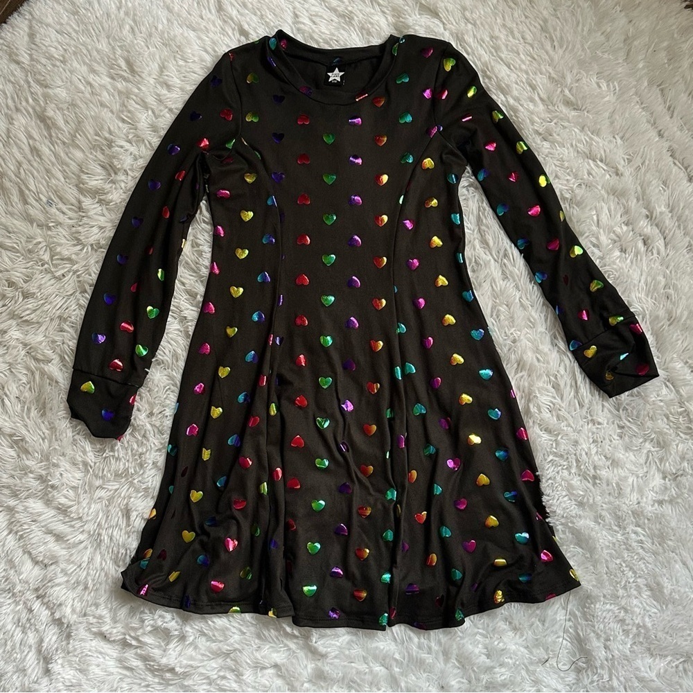 Pixie Lane | Black Foil Rainbow Heart Dress | Size 9/10 - Picture 3 of 10